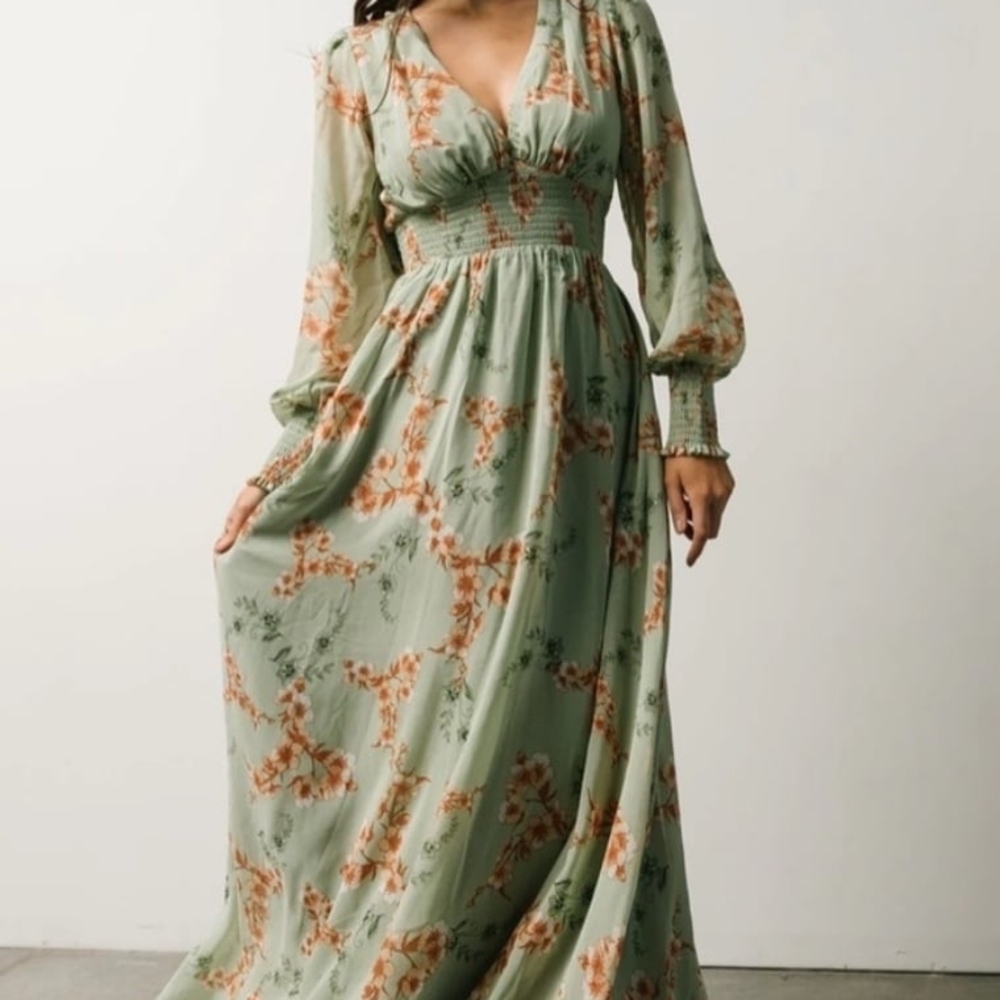 Baltic Born Olivia Chiffon Long Sleeve Maxi Dress in sage green and peach